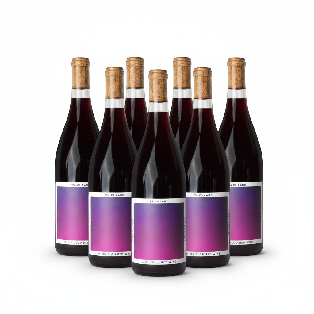 The Hocking Hills Store Chaand Glou Glou Red Wine bottles with purple gradient labels and cork stoppers.