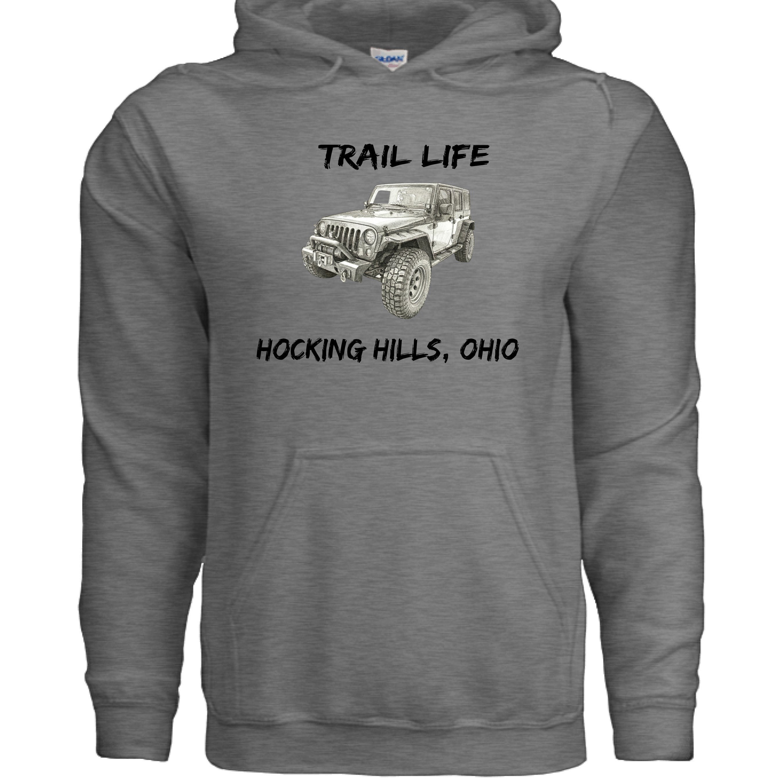 The Hocking Hills Store Trail Life Jeep Hoodie in charcoal grey, featuring a graphic of a Jeep and text.