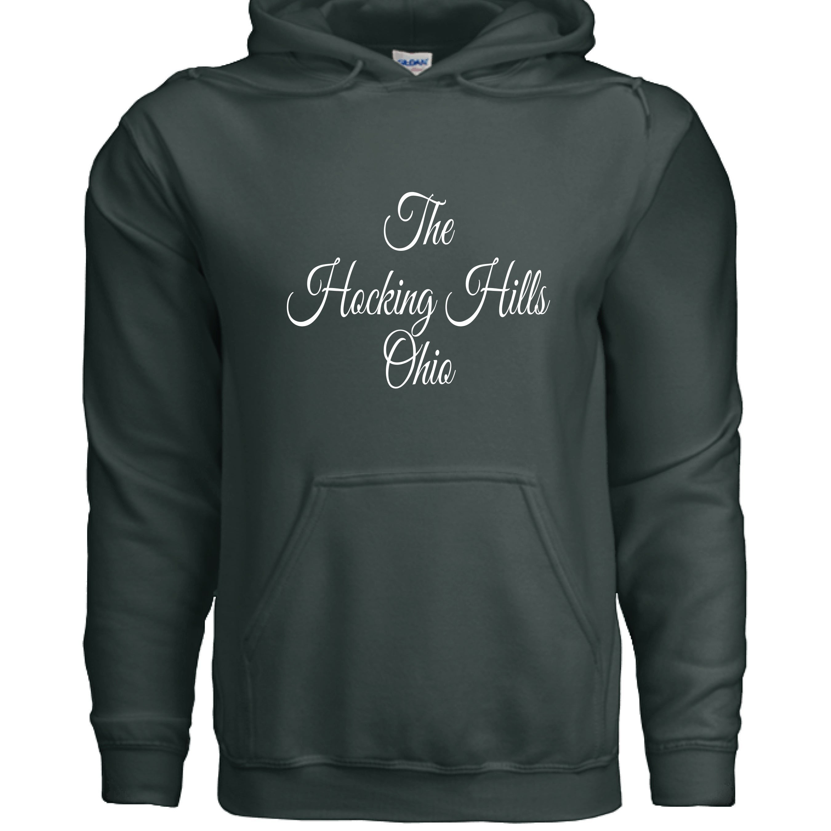The Hocking Hills Store charcoal grey cotton blend hoodie with white script text "The Hocking Hills Ohio".