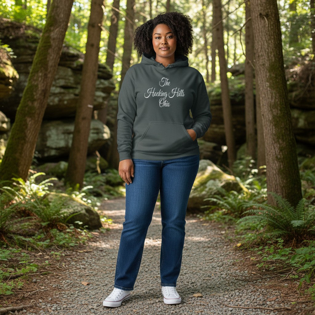 The Hocking Hills Store charcoal grey cotton blend hoodie with white script text "The Hocking Hills Ohio".