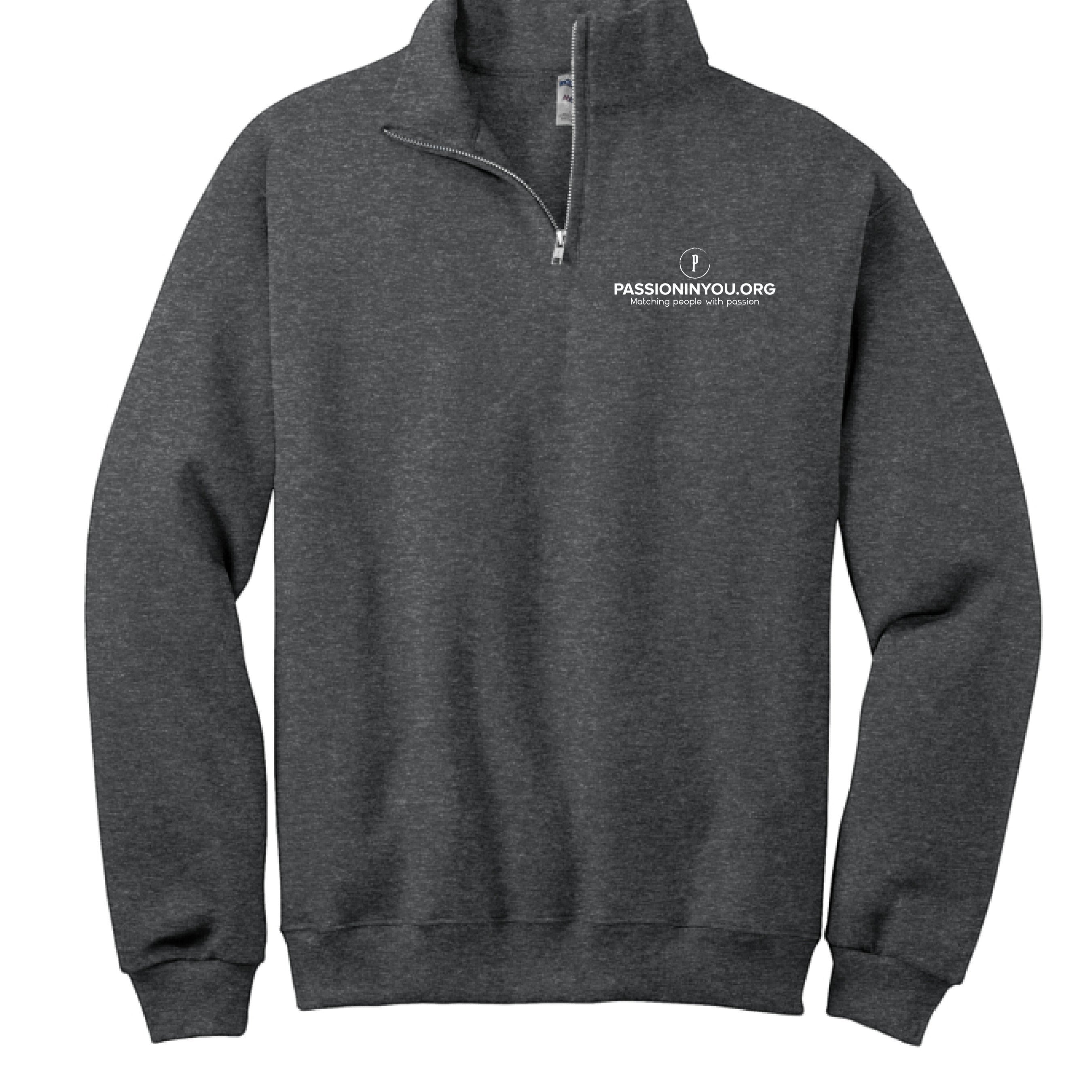 The Hocking Hills Store charcoal grey quarter zip sweatshirt with cadet collar and Passioninyou.org logo.
