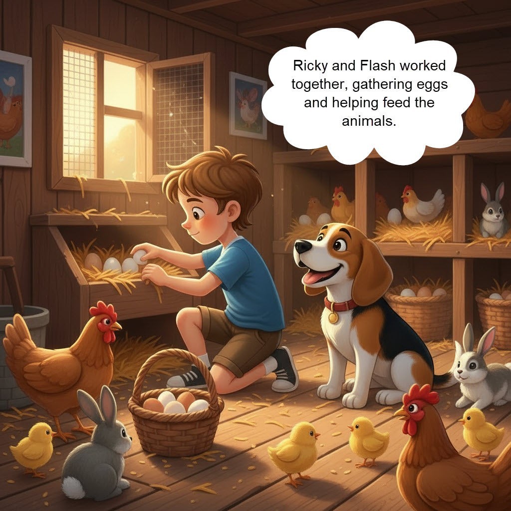 The Hocking Hills Store: Boy gathering eggs with dog, chickens, chicks, and rabbits in a barn.