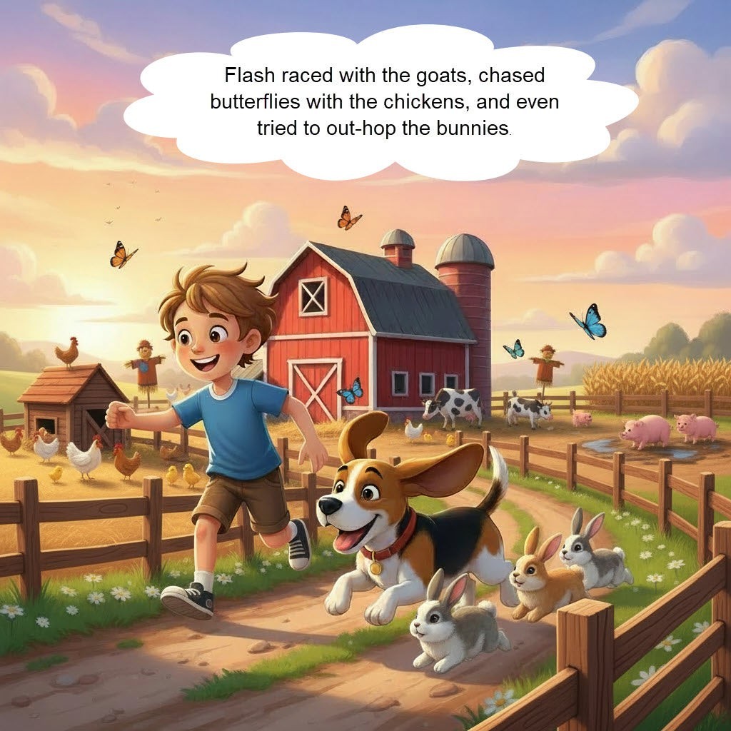 The Hocking Hills Store: A boy and his dog Flash run through a farm with rabbits, chickens, pigs, cows, and a red barn.