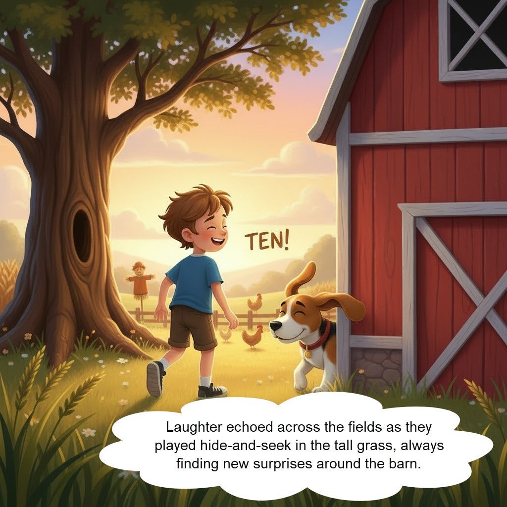 The Hocking Hills Store: Boy and dog playing hide-and-seek near a red barn on a sunny farm. Children's book illustration.