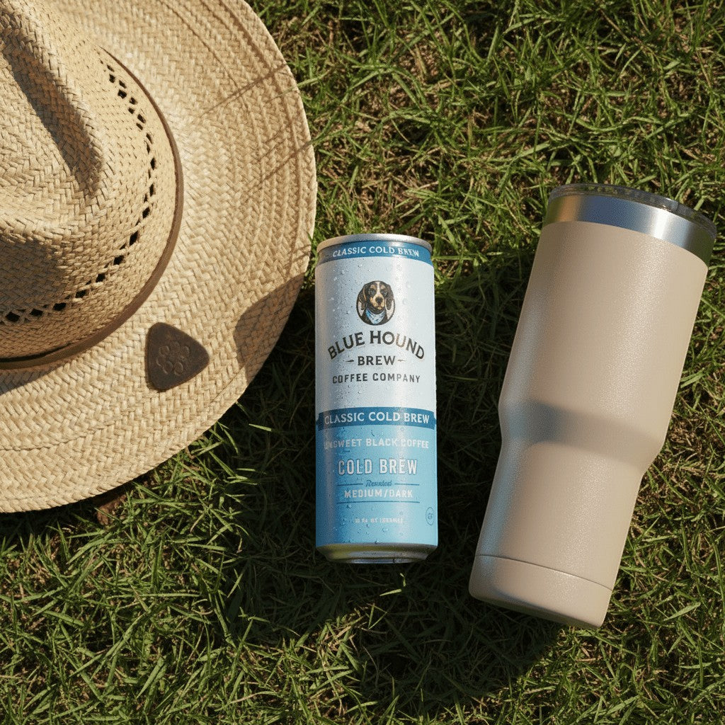 The Hocking Hills Store Classic Cold Brew can and insulated tumbler on grass next to a straw hat.