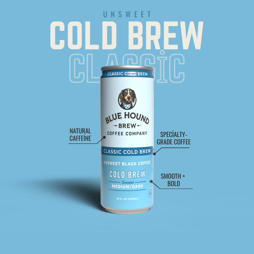 The Hocking Hills Store Classic Cold Brew unsweet black coffee can with Blue Hound Coffee Company logo. Natural caffeine, specialty-grade coffee, smooth + bold.
