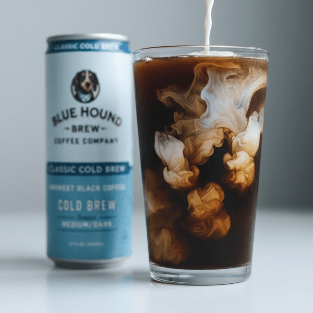 The Hocking Hills Store Classic Cold Brew can next to a glass of cold brew coffee with cream swirling.