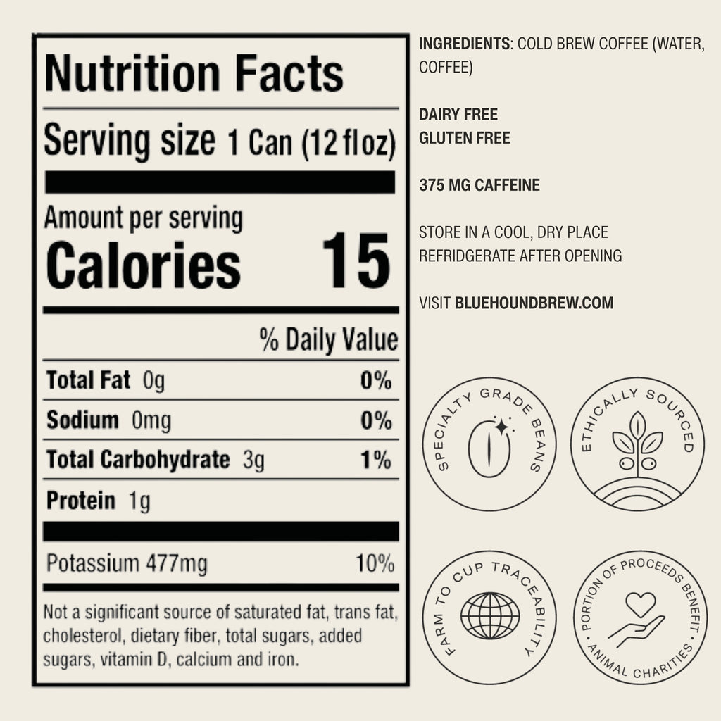 The Hocking Hills Store Classic Cold Brew nutrition facts label with 15 calories, 3g carbs, 1g protein, 375mg caffeine, and specialty grade, ethically sourced beans.