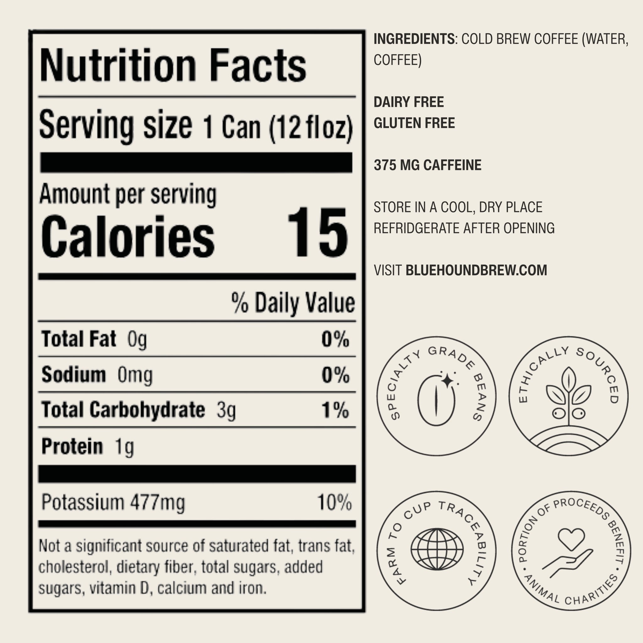 The Hocking Hills Store Classic Cold Brew nutrition facts label with 15 calories, 3g carbs, 1g protein, 375mg caffeine, and specialty grade, ethically sourced beans.