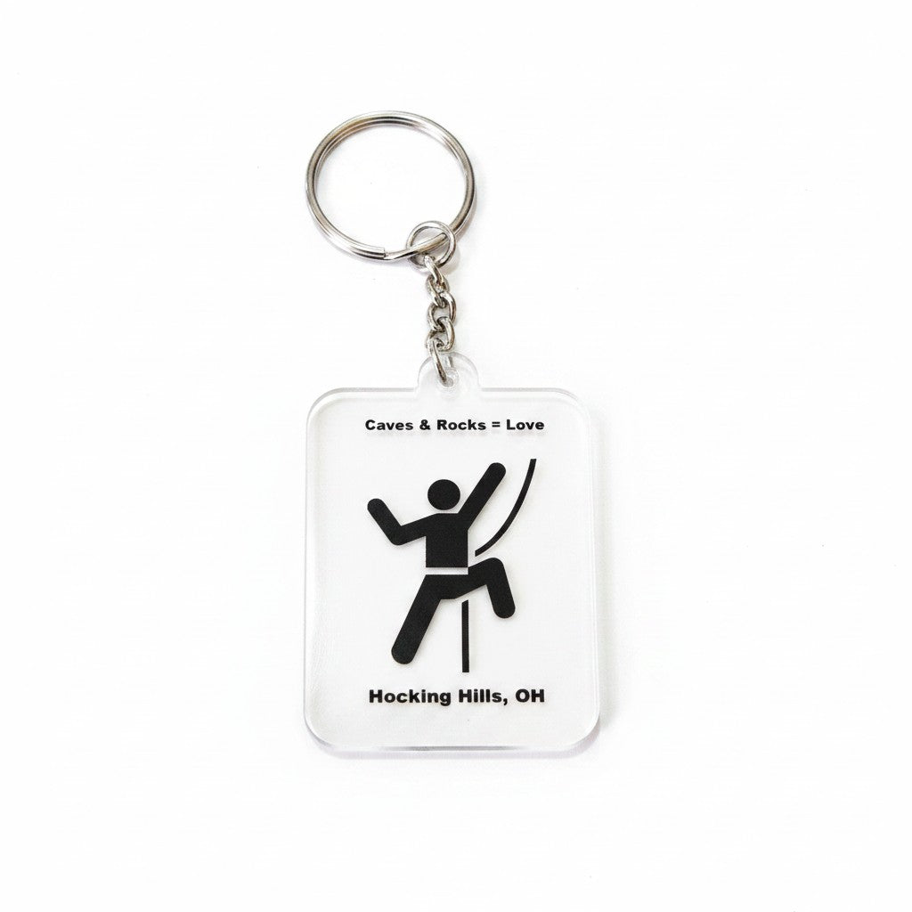 The Hocking Hills Store keychain with a climber graphic and text Caves & Rocks = Love, Hocking Hills, OH.