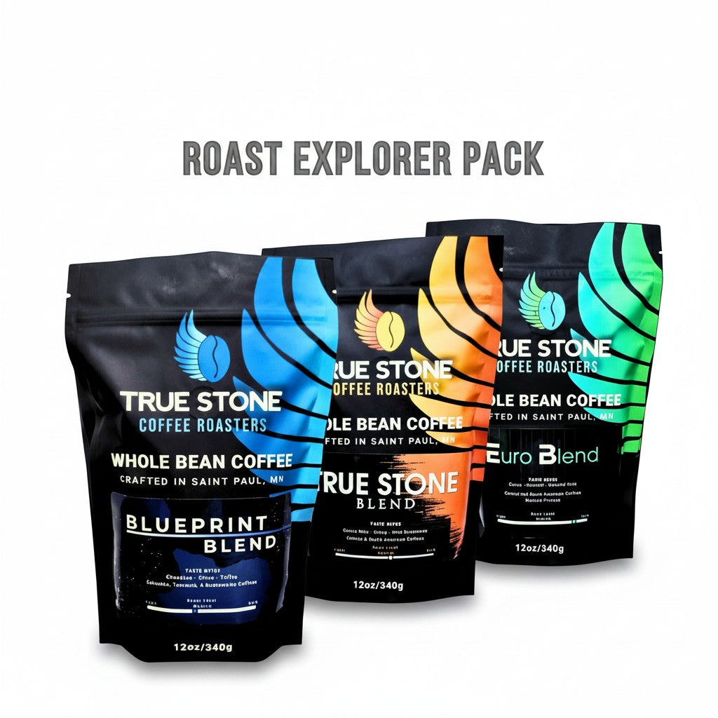 The Hocking Hills Store Roast Explorer Pack features three 12oz bags of True Stone Coffee Roasters whole bean coffee: Blueprint (light roast), True Stone Blend (medium roast), and Euro Blend (dark roast).