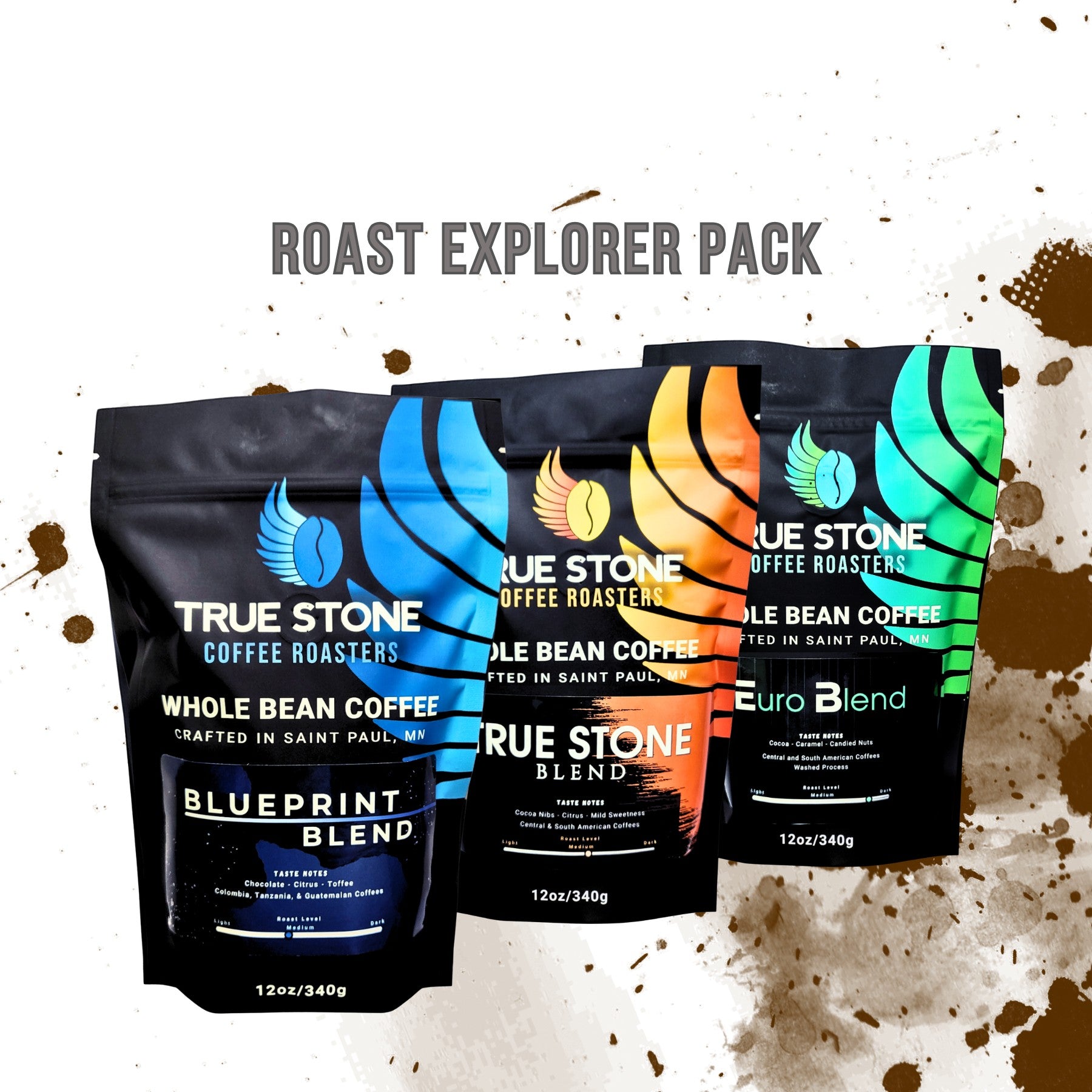 The Hocking Hills Store Roast Explorer Pack features three 12oz bags of True Stone Coffee Roasters whole bean coffee: Blueprint (light roast), True Stone Blend (medium roast), and Euro Blend (dark roast).