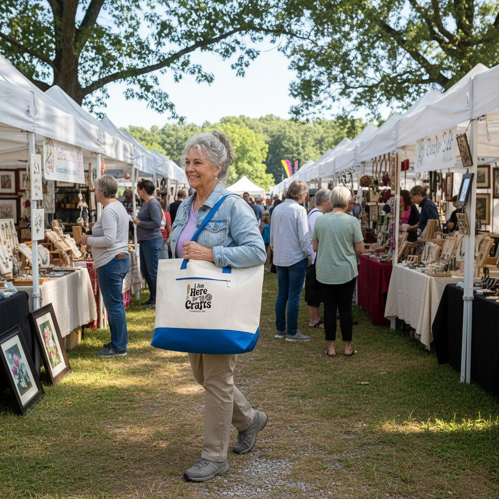 A woman carrying a The Hocking Hills Store heavy cotton canvas zippered tote bag at an outdoor craft fair.