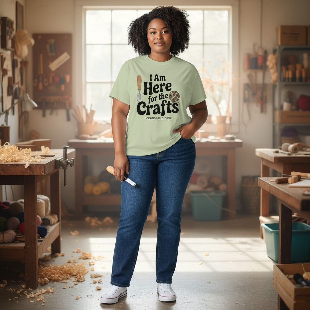 The Hocking Hills Store light green triblend t-shirt with "I Am Here for the Crafts" graphic, featuring a chisel and a ball of yarn.