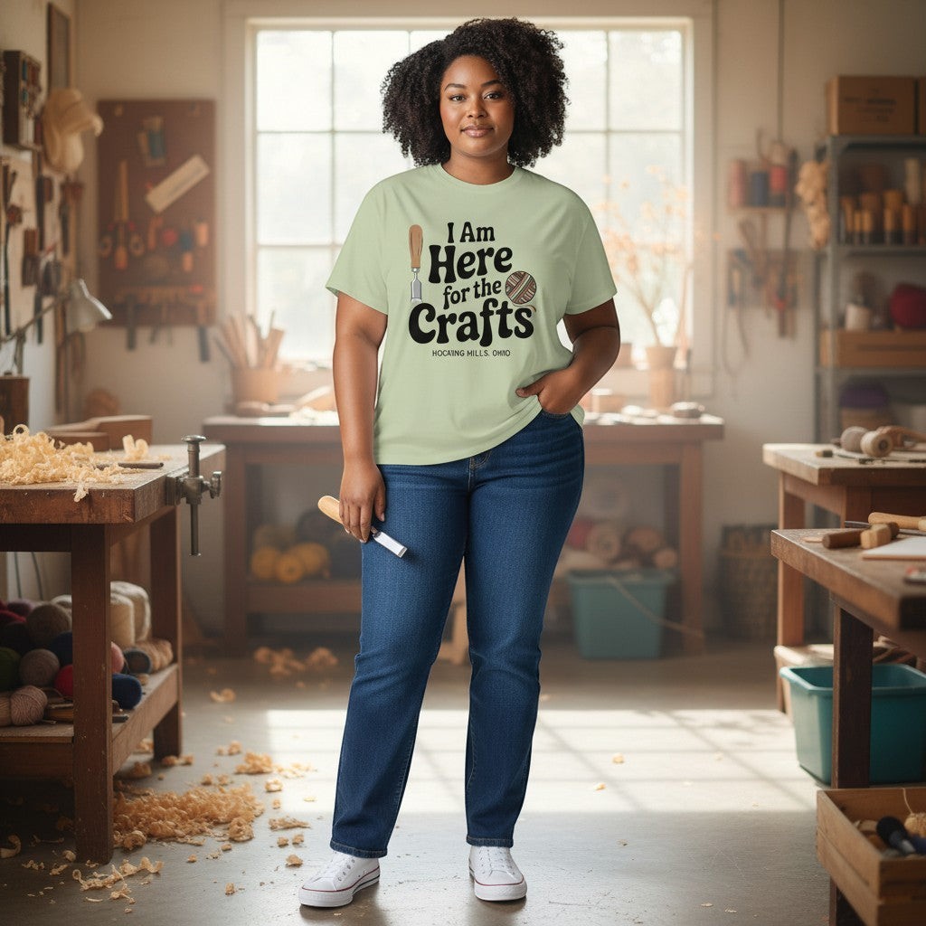 The Hocking Hills Store light green triblend t-shirt with "I Am Here for the Crafts" graphic, featuring a chisel and a ball of yarn.