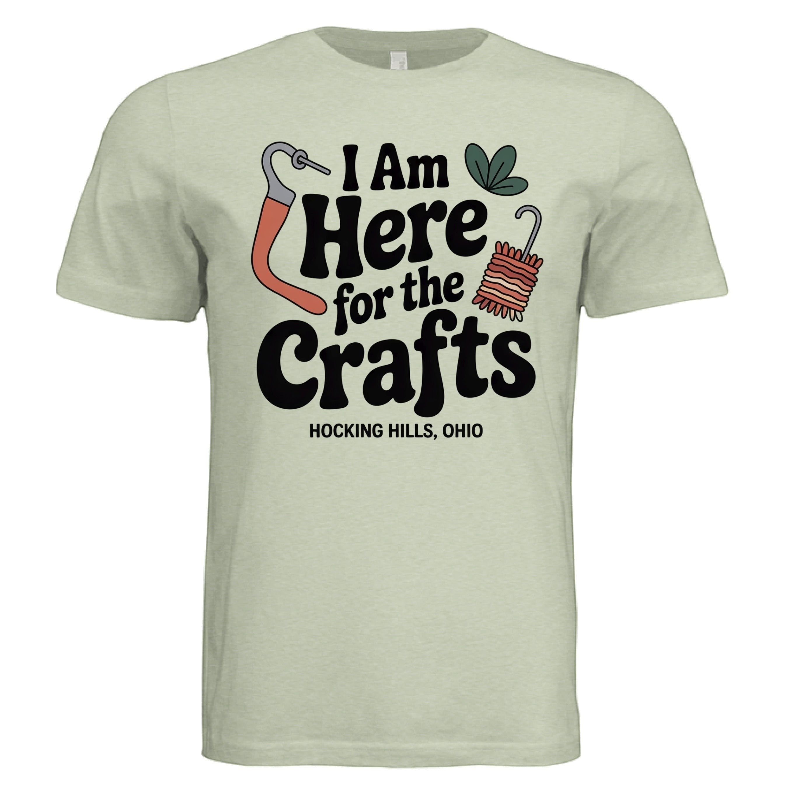 The Hocking Hills Store light green triblend t-shirt with "I Am Here for the Crafts" graphic and Hocking Hills, Ohio text.