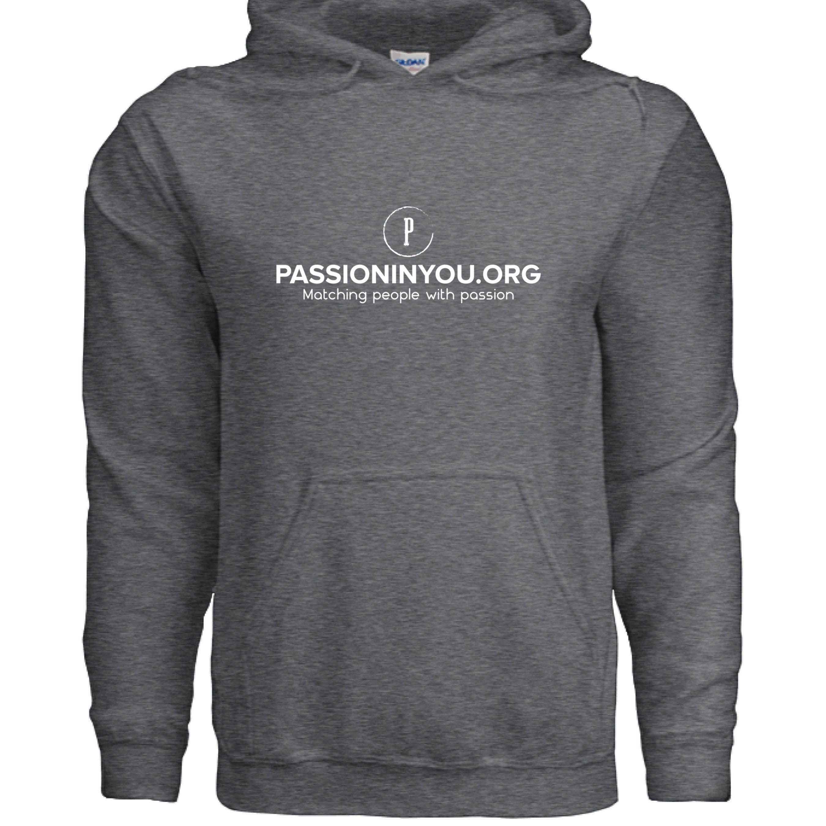 The Hocking Hills Store dark grey cotton blend hoodie with a white "P" logo and "PASSIONINYOU.ORG Matching people with passion" text.