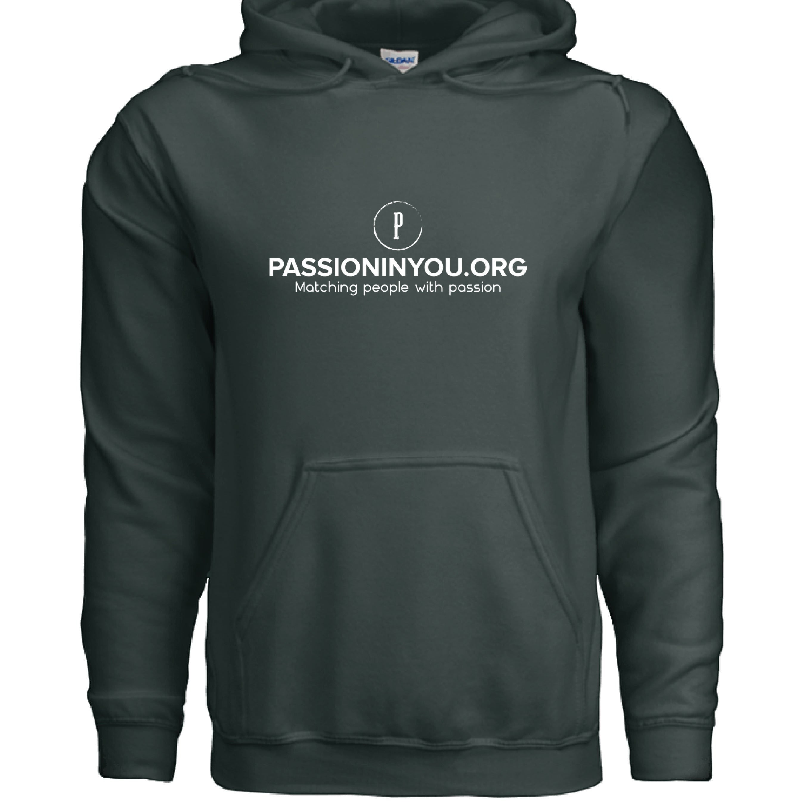 The Hocking Hills Store dark grey 50/50 cotton polyester blend hoodie with a white Passioninyou.org logo on the chest.