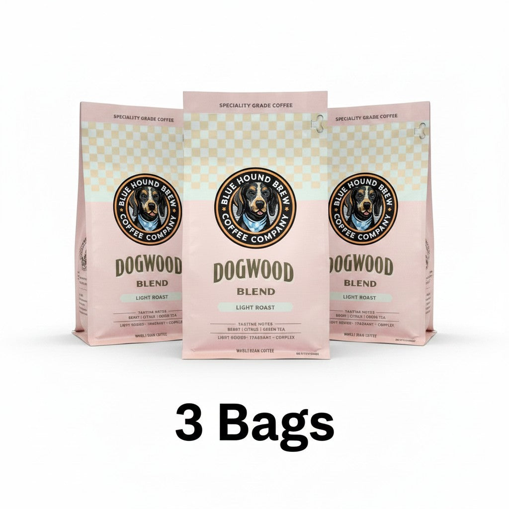 The Hocking Hills Store Dogwood Blend light roast whole bean coffee bag with tasting notes of berry, citrus, and green tea.