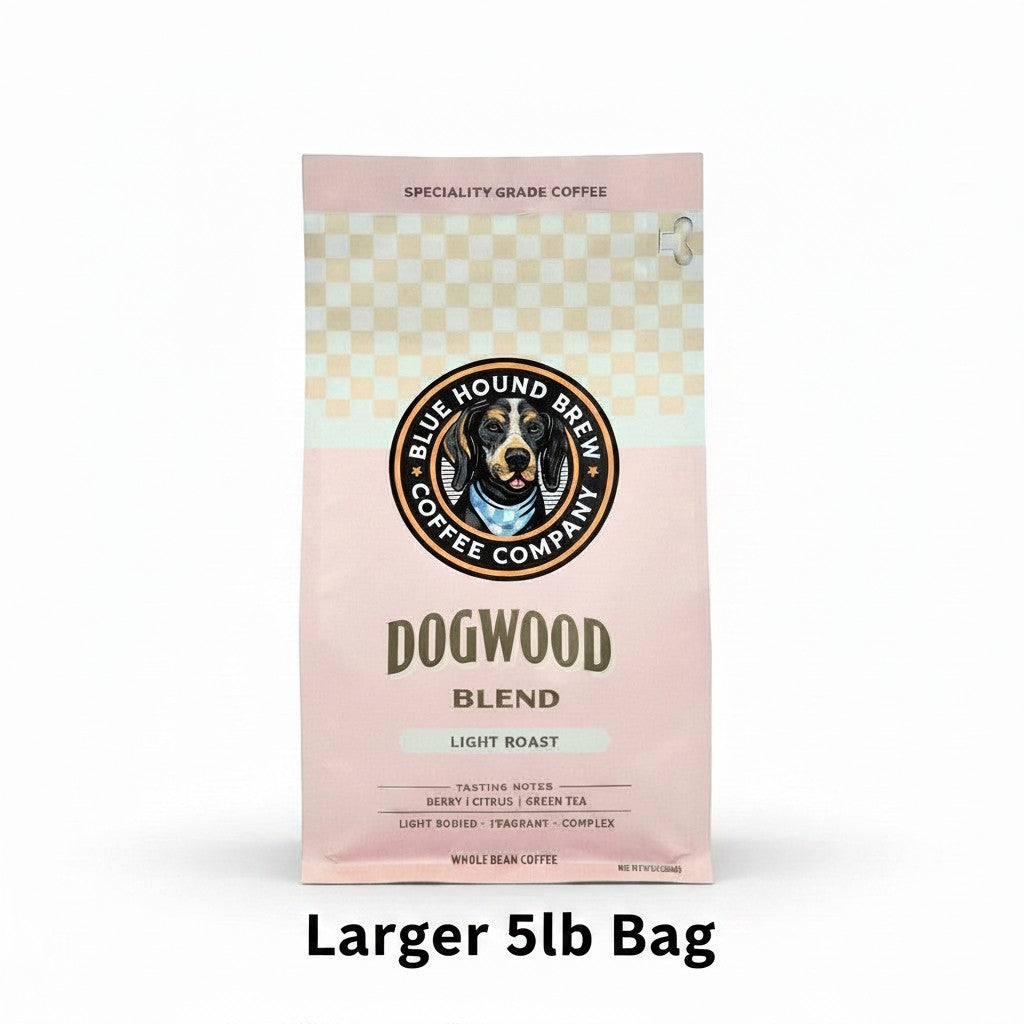 The Hocking Hills Store Dogwood Blend light roast whole bean coffee bag with tasting notes of berry, citrus, and green tea.