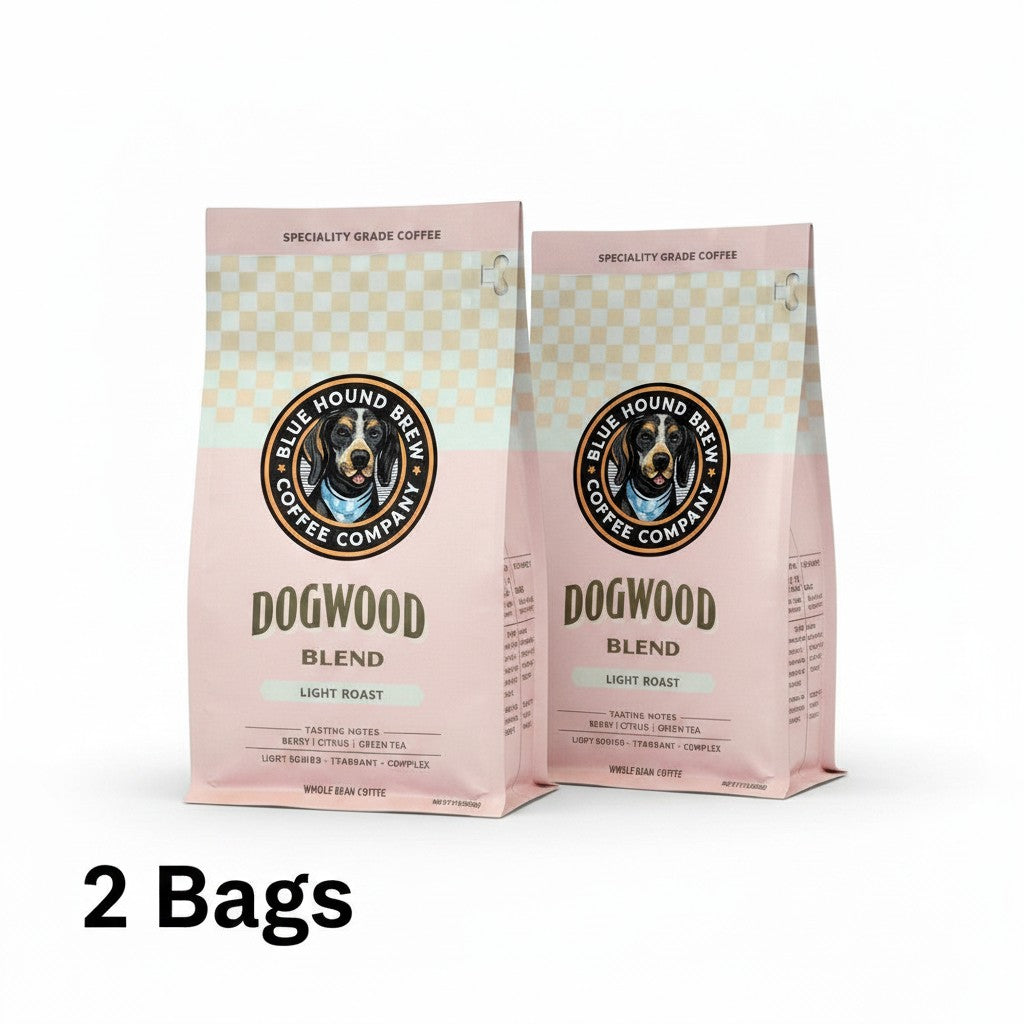 The Hocking Hills Store Dogwood Blend light roast whole bean coffee bag with tasting notes of berry, citrus, and green tea.