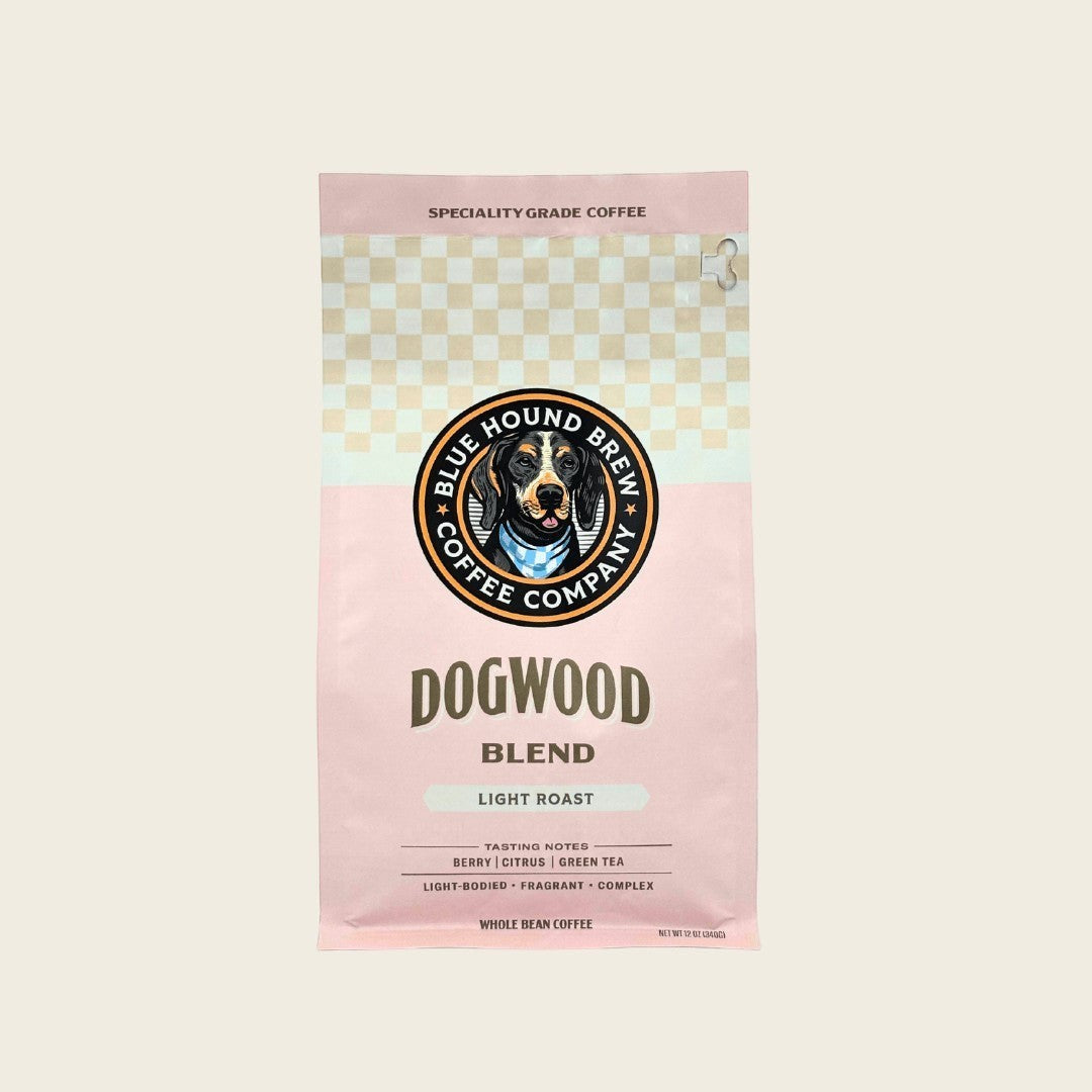 The Hocking Hills Store Dogwood Blend light roast whole bean coffee bag with tasting notes of berry, citrus, and green tea.