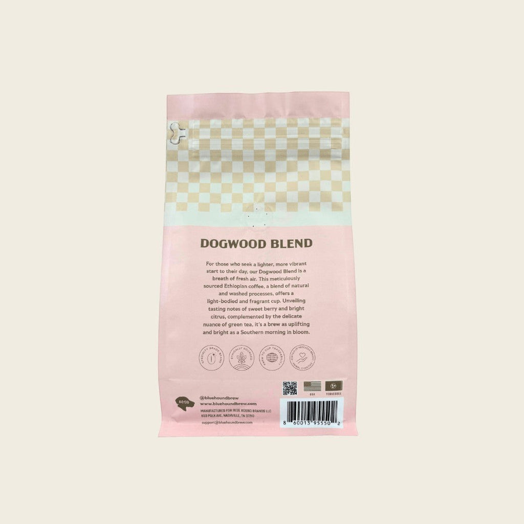 The Hocking Hills Store Dogwood Blend coffee bag with tasting notes of berry, citrus, and green tea.