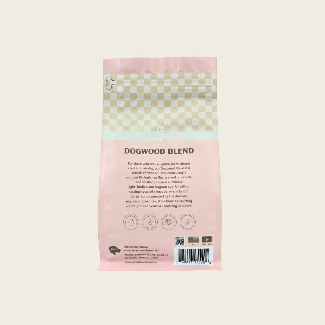 The Hocking Hills Store Dogwood Blend coffee bag with tasting notes of berry, citrus, and green tea.