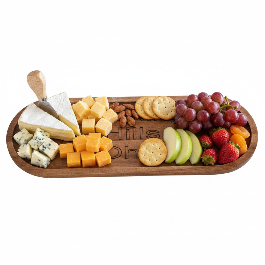 The Hocking Hills Store engraved wooden serving tray with "Hocking Hills Ohio" text. Natural wood finish, oval shape, 12x4 inches.