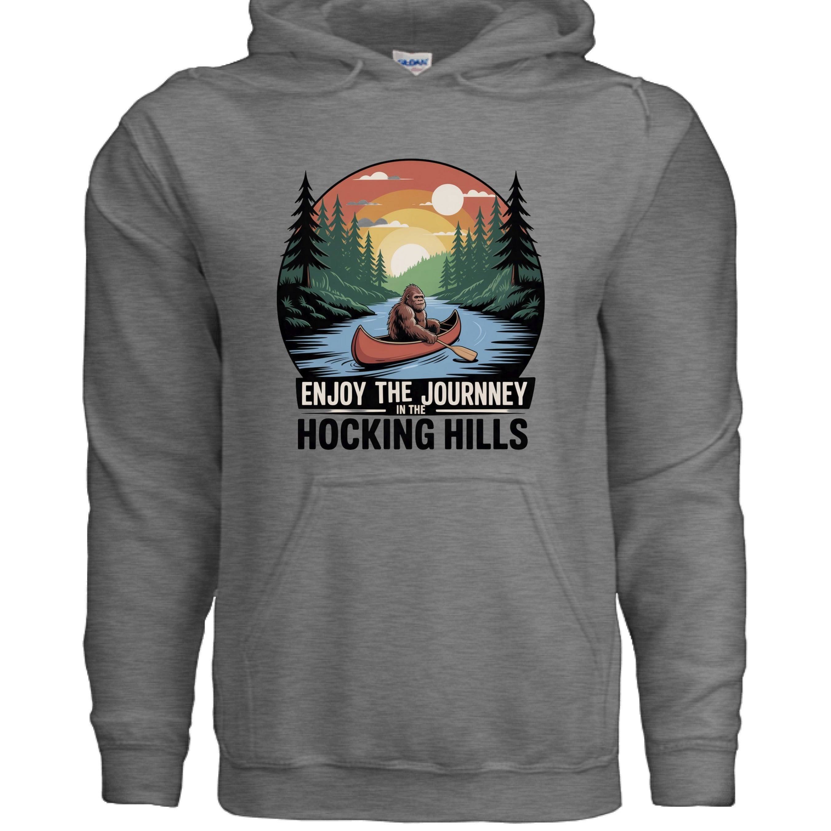 The Hocking Hills Store grey cotton blend hoodie with a graphic of Bigfoot canoeing at sunset in Hocking Hills.