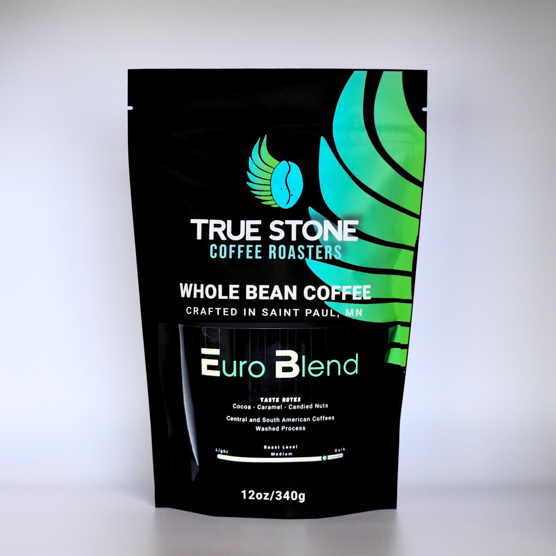 The Hocking Hills Store True Stone Coffee Roasters Euro Blend whole bean coffee bag, dark roast with cocoa, caramel, and candied nut notes.
