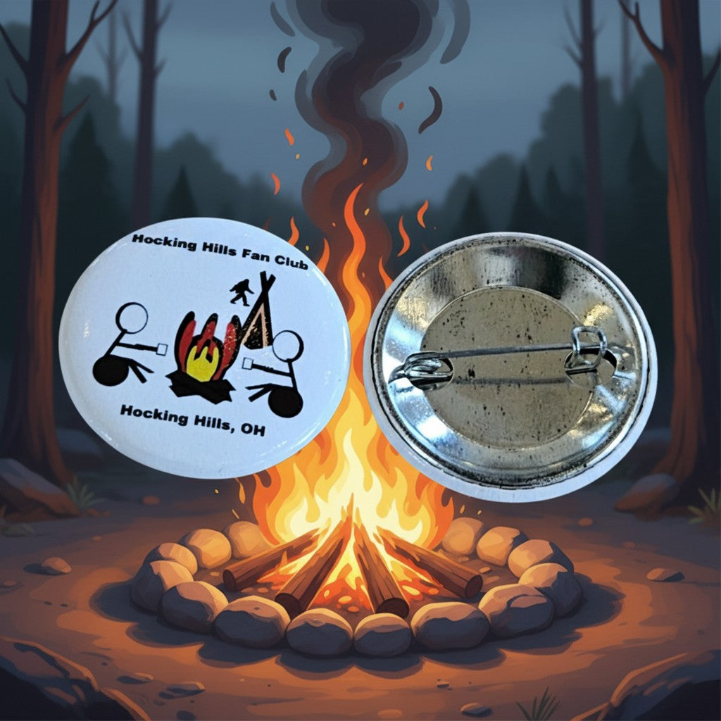 The Hocking Hills Store fan club button with stick figures around a campfire and text 'Hocking Hills, OH'.