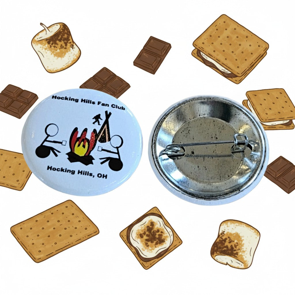 The Hocking Hills Store fan club button with stick figures around a campfire and text 'Hocking Hills, OH'.