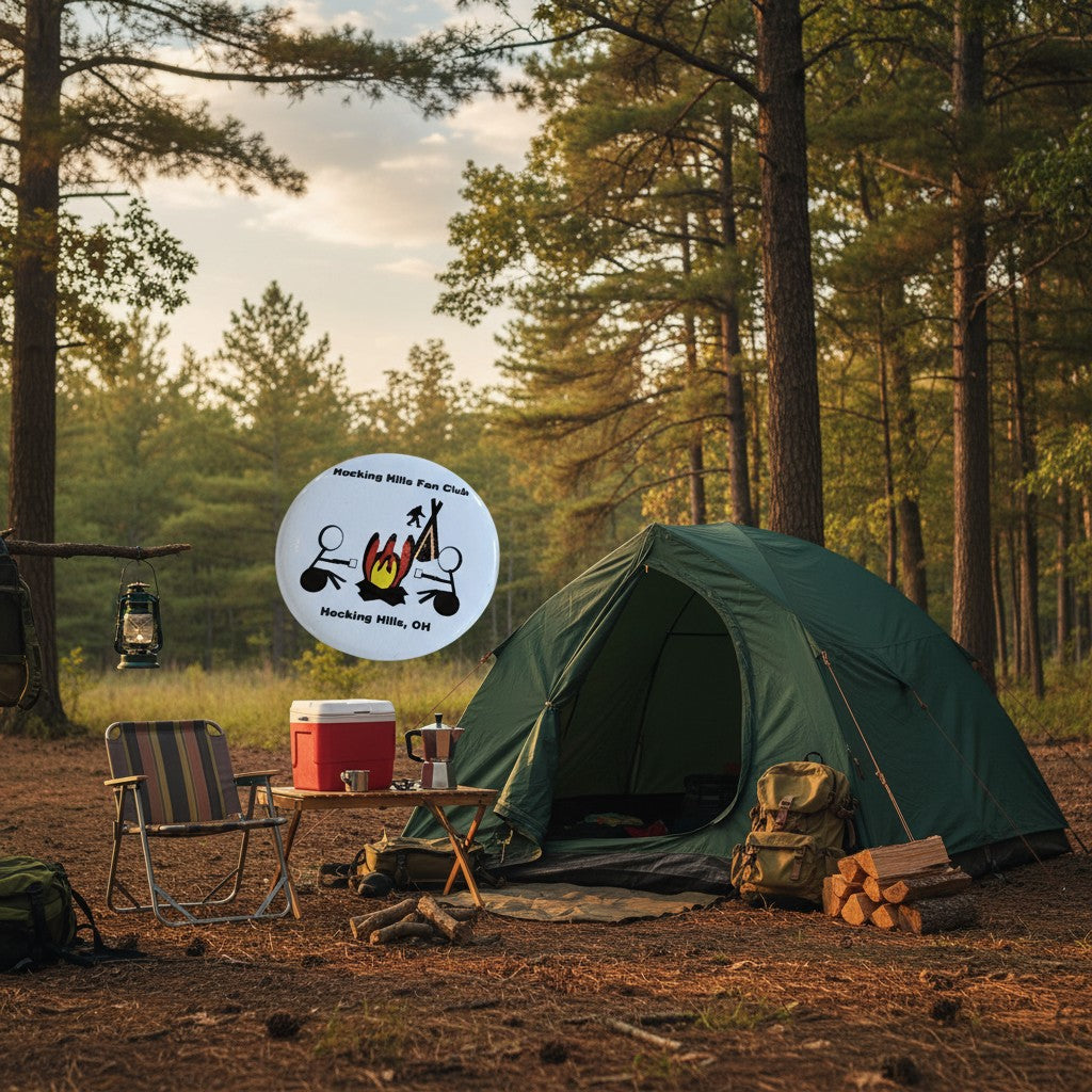 The Hocking Hills Store fan club button with stick figures around a campfire and text 'Hocking Hills, OH'.