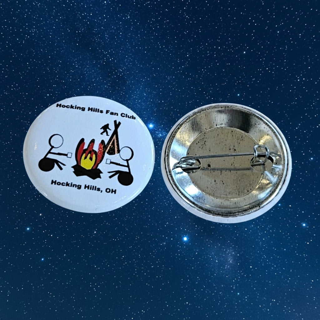 The Hocking Hills Store fan club button with stick figures around a campfire and text "Hocking Hills, OH".