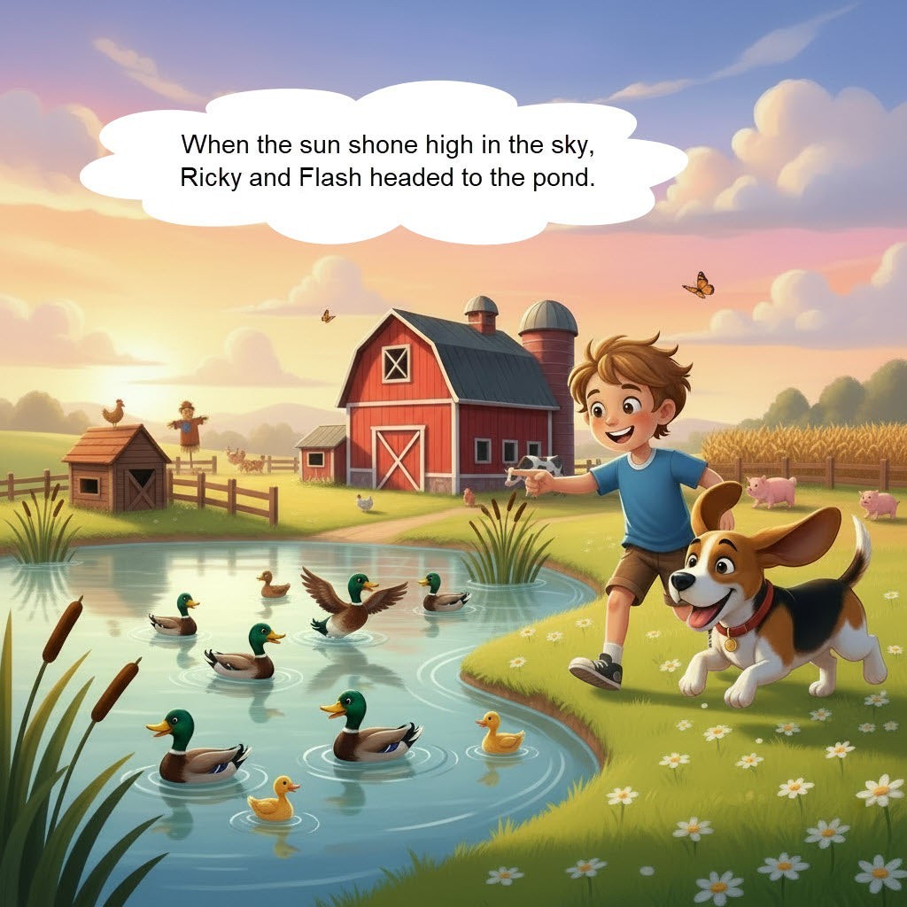 The Hocking Hills Store: Boy and dog on a farm with ducks in a pond, red barn, and pigs.