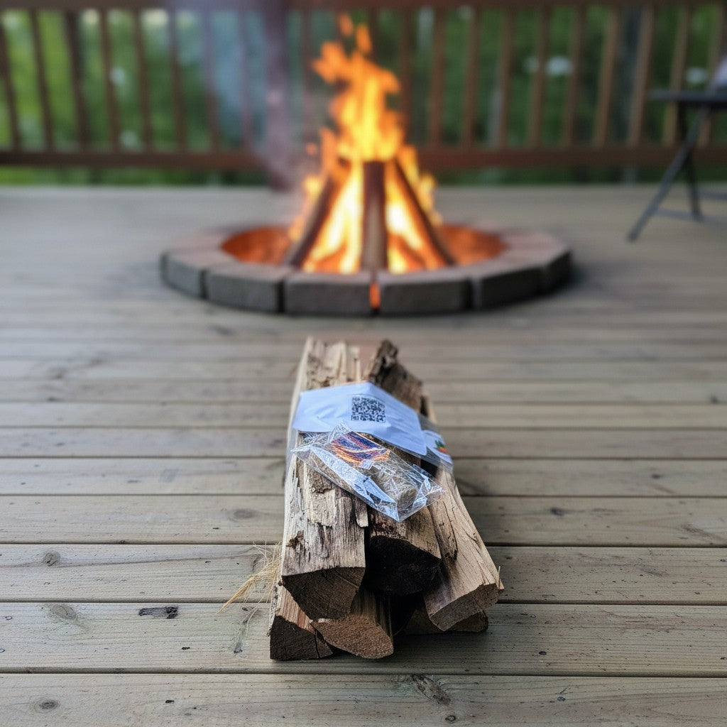 The Hocking Hills Store firewood bundle with kindling matches, perfect for fireplaces and firepits.