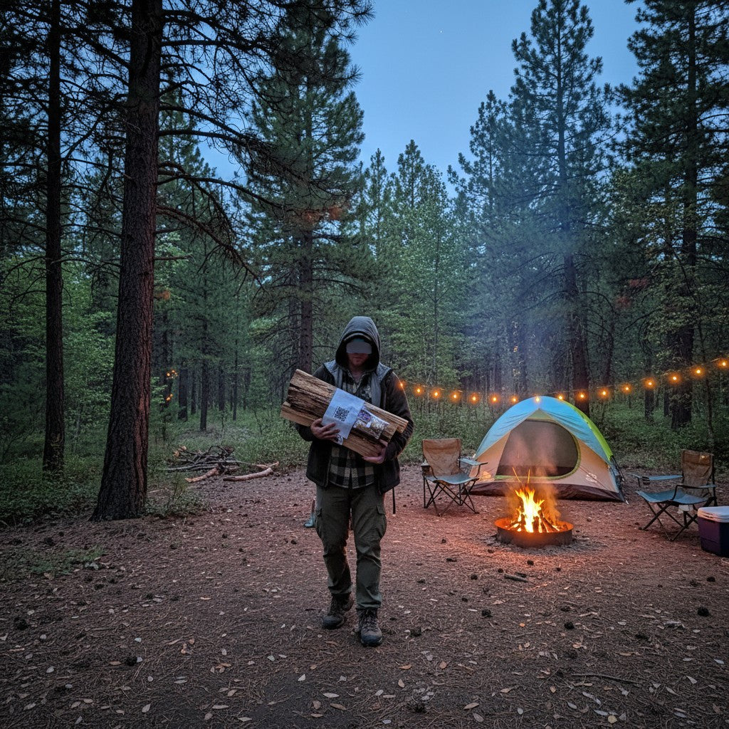 The Hocking Hills Store firewood bundle with kindling matches, perfect for fireplaces and firepits.