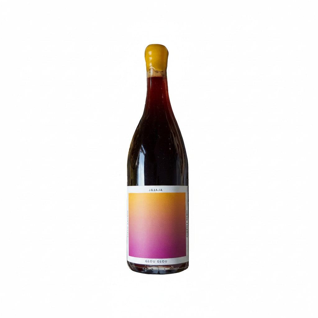 The Hocking Hills Store Glou Glou red wine bottle with a yellow cap and a label featuring a pink to orange gradient.