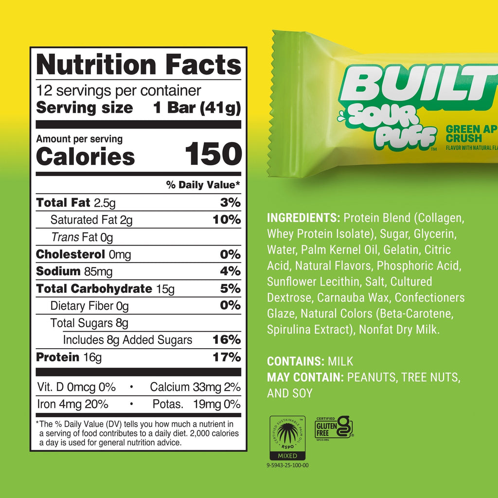 The Hocking Hills Store BUILT Sour Puff Green Apple Crush protein bar packaging with nutrition facts and ingredients.