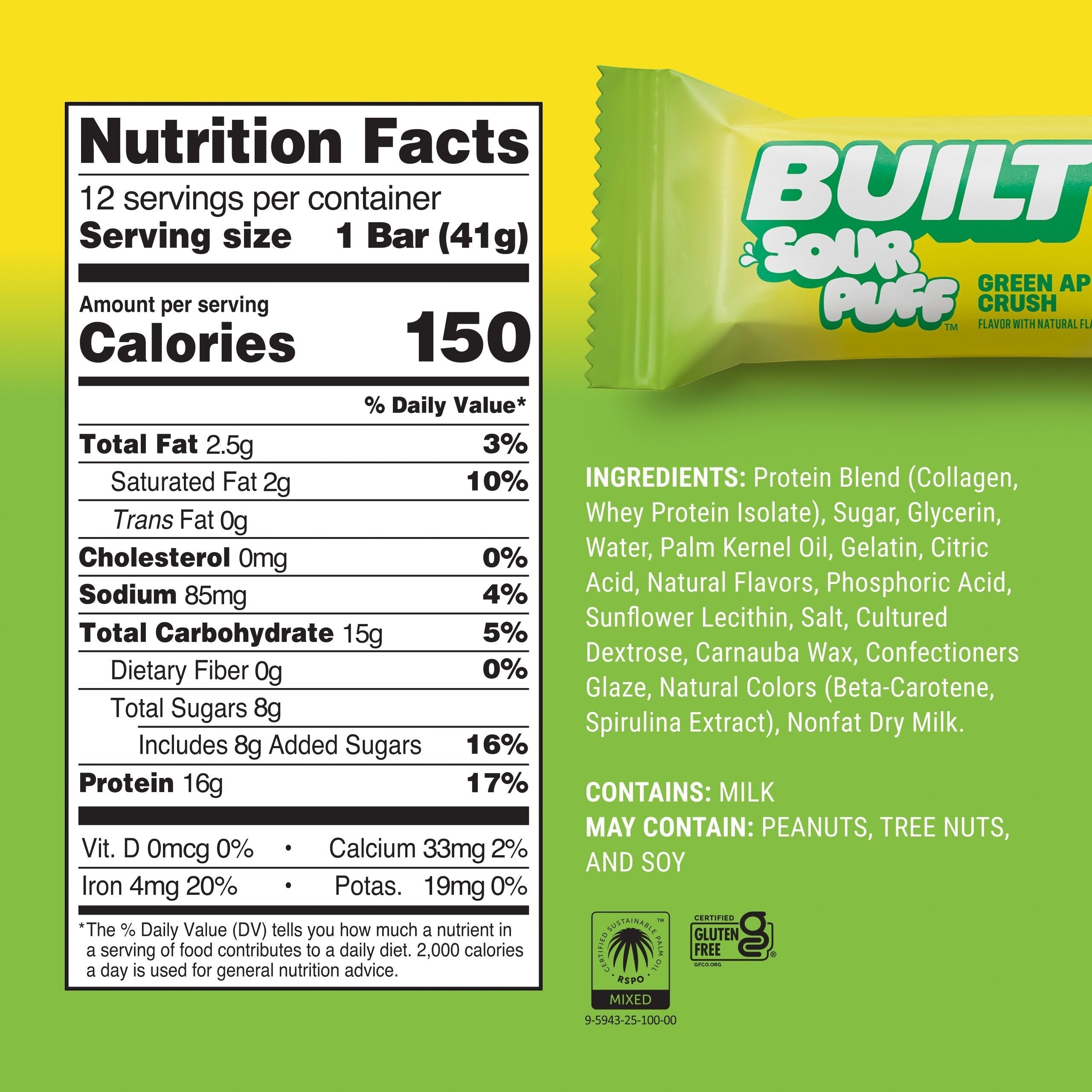 The Hocking Hills Store BUILT Sour Puff Green Apple Crush protein bar packaging with nutrition facts and ingredients.