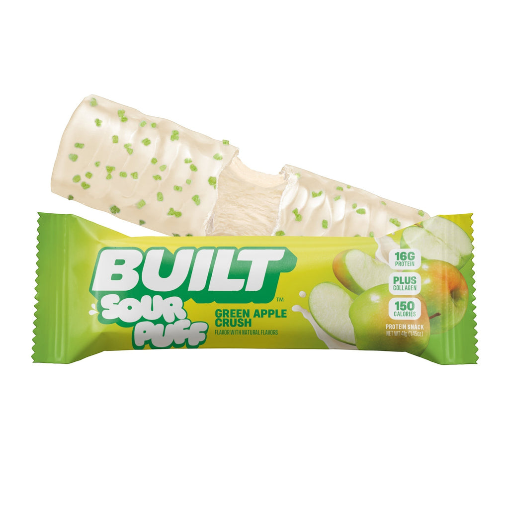 The Hocking Hills Store Green Apple Crush protein snack bar with white coating and green sprinkles. Features 16g protein and 150 calories.