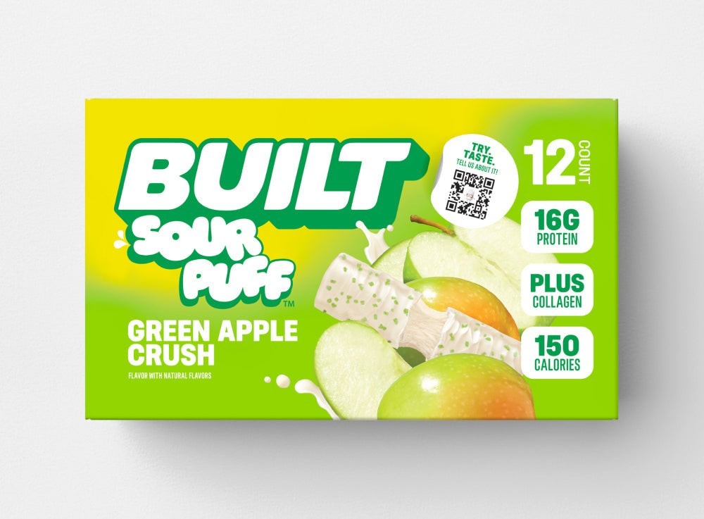 The Hocking Hills Store BUILT Sour Puff Green Apple Crush box. Features 12 count, 16g protein, plus collagen, 150 calories. Includes images of green apples and the candy.