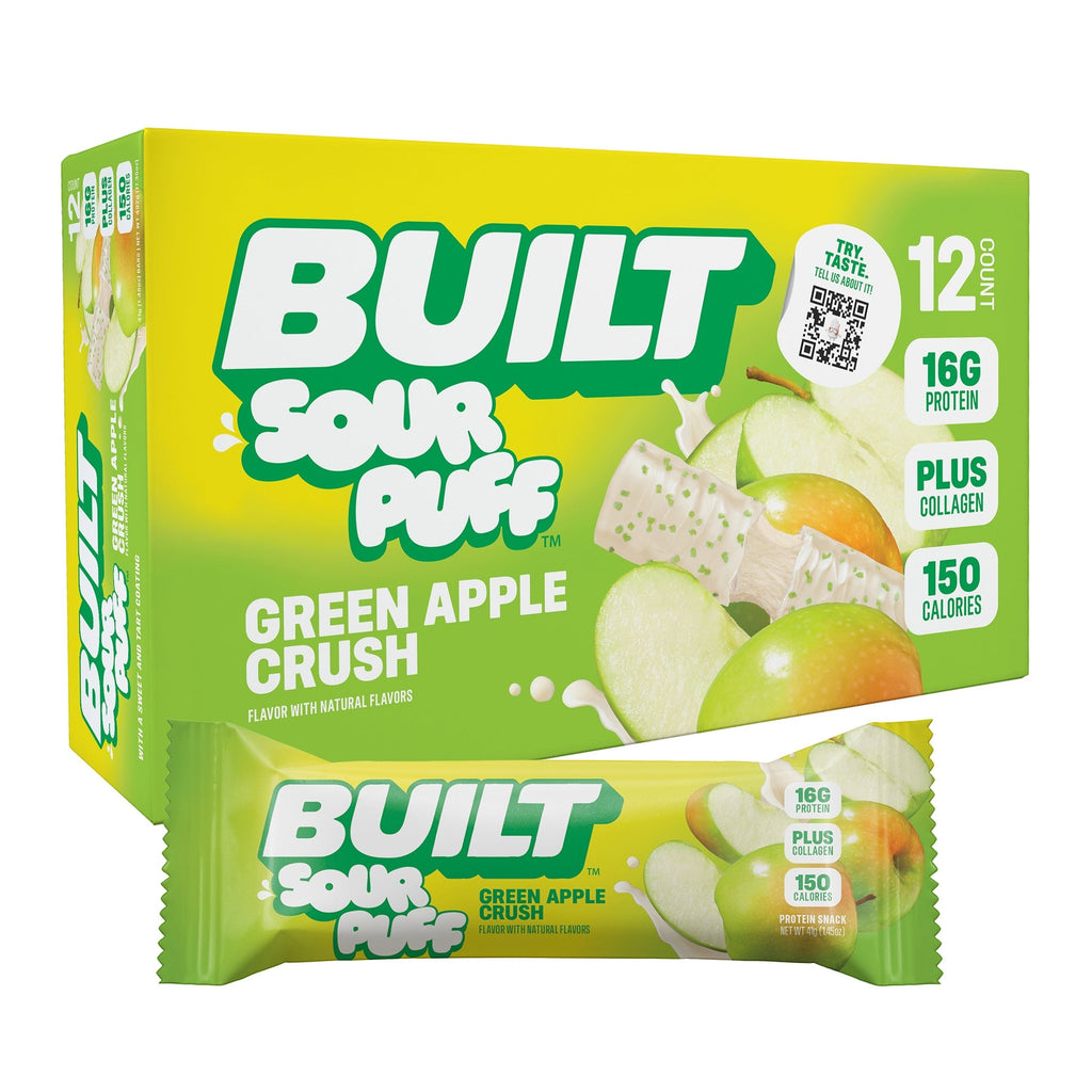 The Hocking Hills Store BUILT Sour Puff Green Apple Crush protein snack bar box and single bar. Features 16g protein, collagen, and 150 calories.