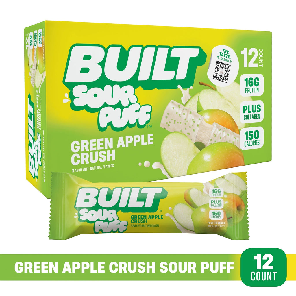 The Hocking Hills Store BUILT Sour Puff Green Apple Crush protein snacks, 12 count box and single bar. Marshmallowy puffs with a tangy green apple flavor and crunchy sugar topping.