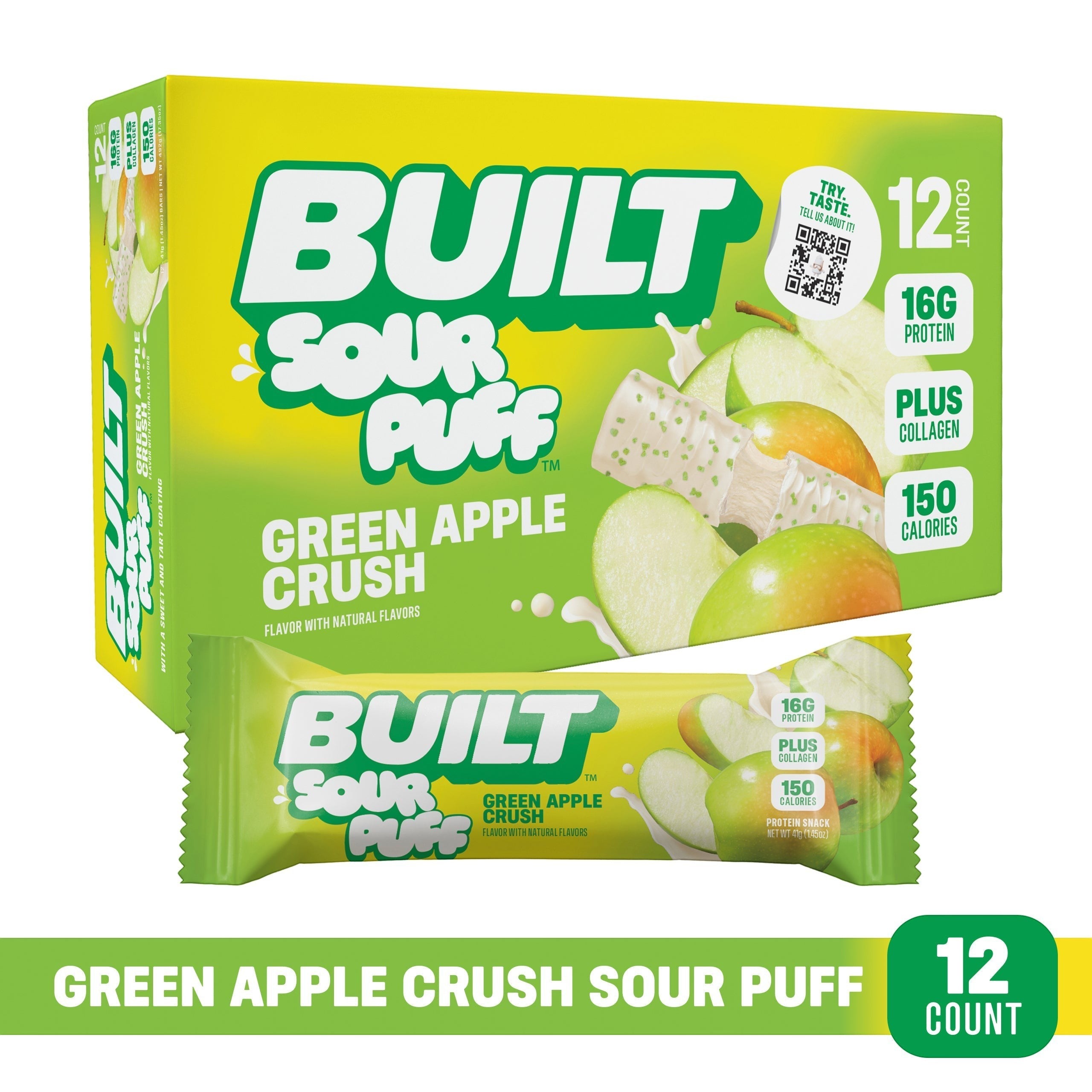 The Hocking Hills Store BUILT Sour Puff Green Apple Crush protein snacks, 12 count box and single bar. Marshmallowy puffs with a tangy green apple flavor and crunchy sugar topping.