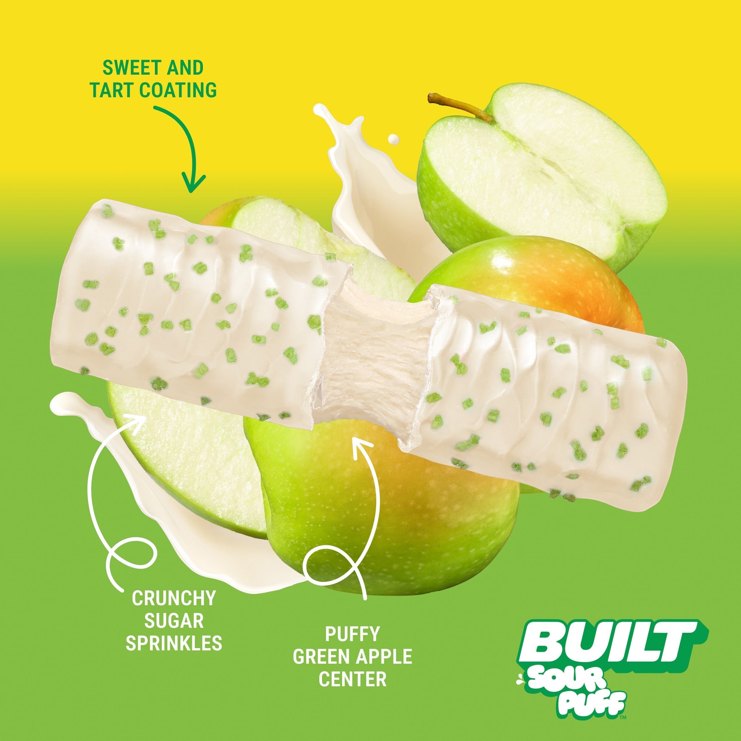 The Hocking Hills Store Green Apple Crush Sour Puff bar with a white sweet and tart coating, crunchy sugar sprinkles, and a puffy green apple center.