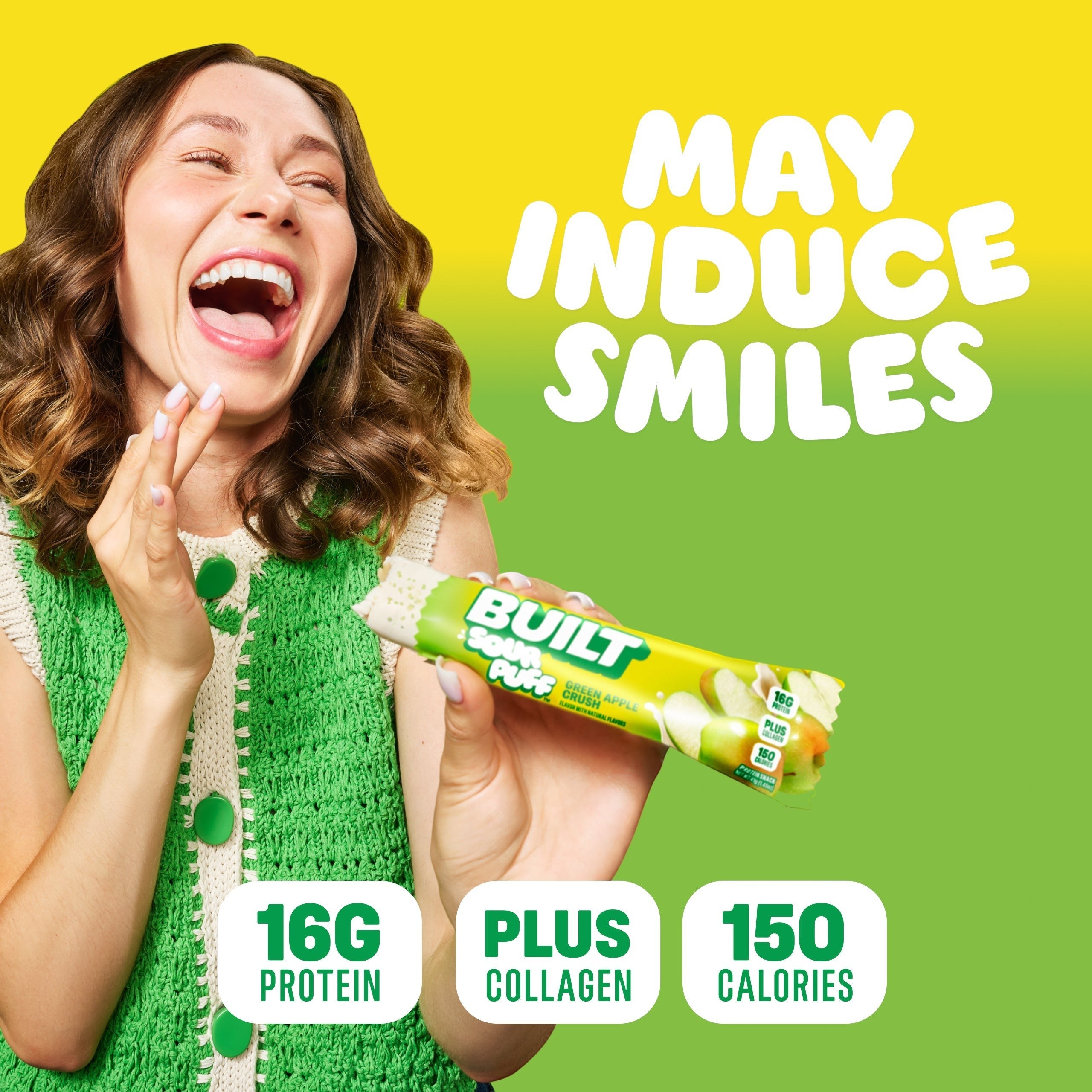 The Hocking Hills Store's Green Apple Crush Sour Puff bar, a marshmallowy protein snack with a tangy green apple flavor and crunchy sprinkles.