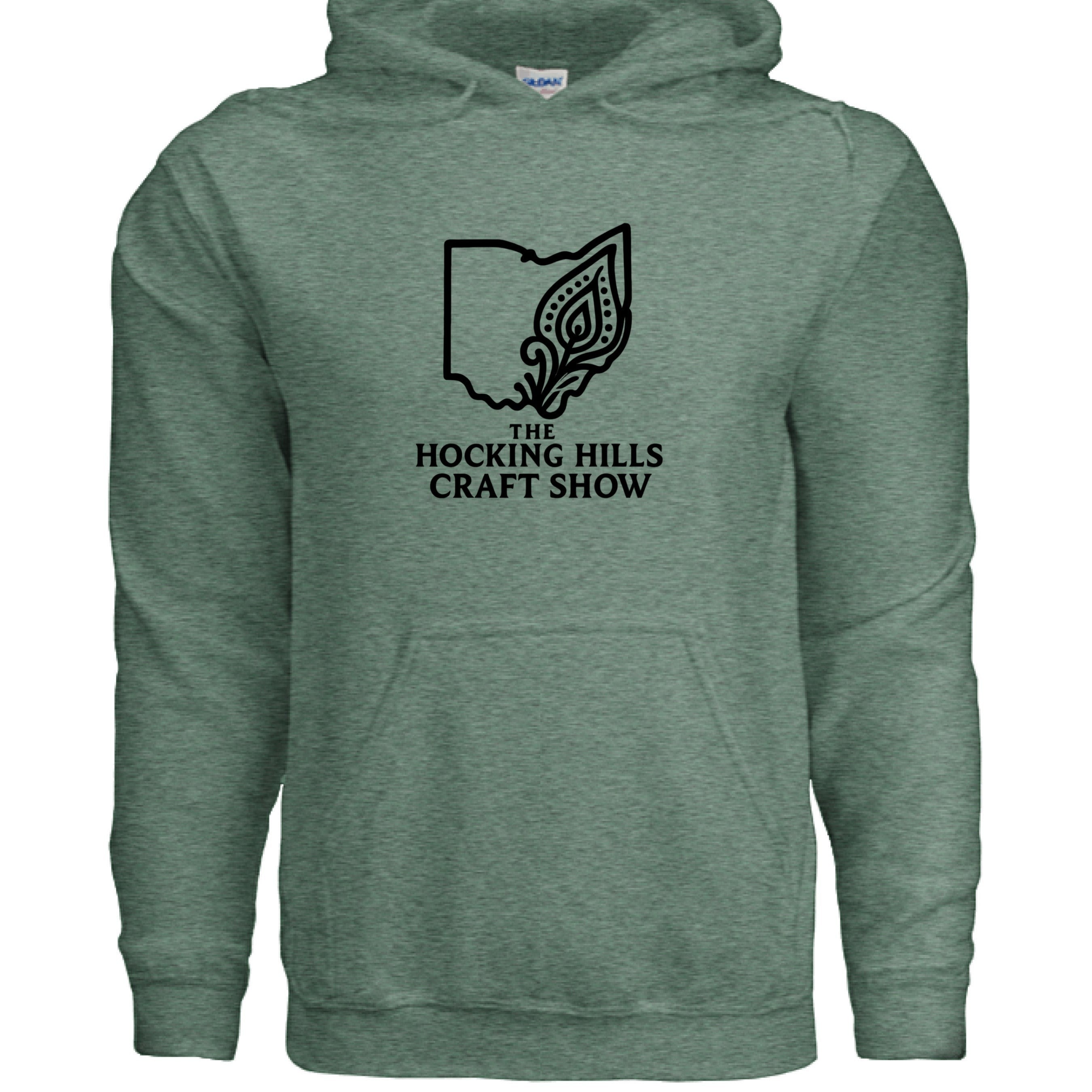 The Hocking Hills Store green heathered cotton blend hoodie with "The Hocking Hills Craft Show" logo.
