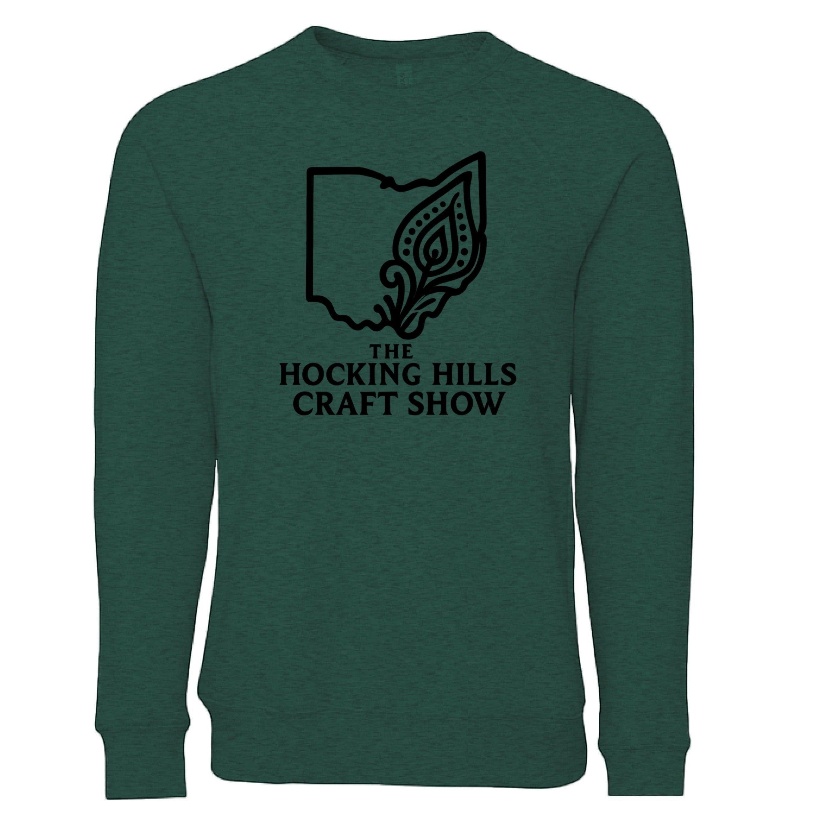 The Hocking Hills Store green unisex sponge fleece crew neck sweatshirt with raglan sleeves and a black graphic of Ohio outline with a decorative element.